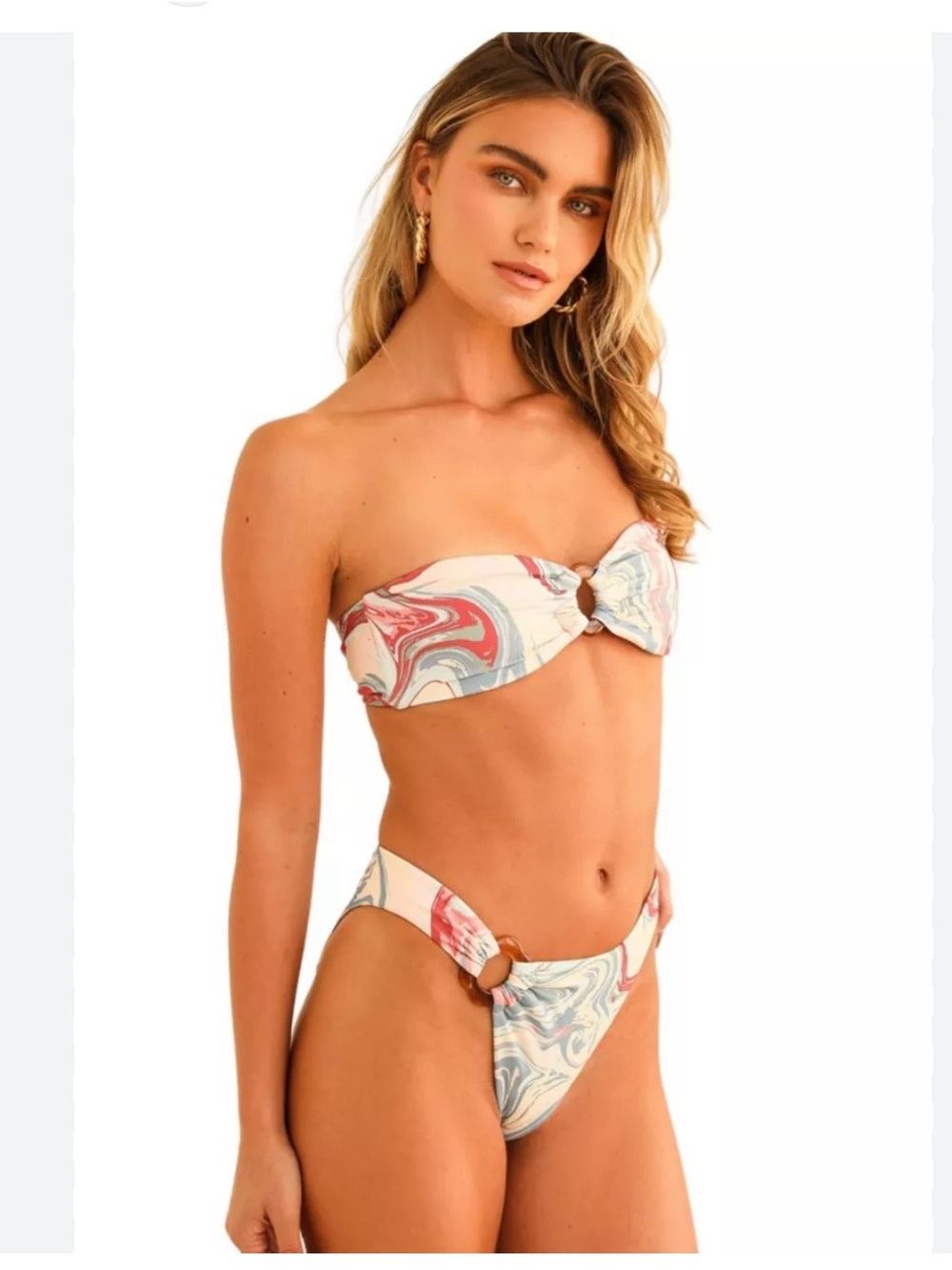 Dippin' Daisy's Strapless Marble-Print Bikini in Cream, Pink & Blue